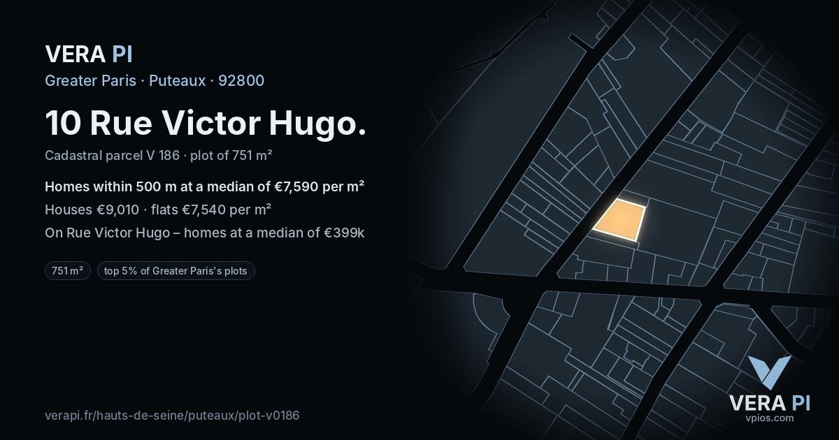 10 Rue Victor Hugo, Puteaux at night – the plot lit, the parcels around coloured by the prices near them