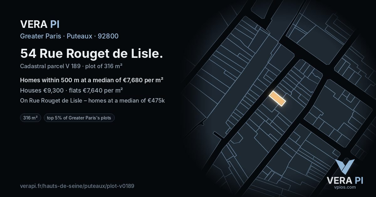 54 Rue Rouget de Lisle, Puteaux at night – the plot lit, the parcels around coloured by the prices near them