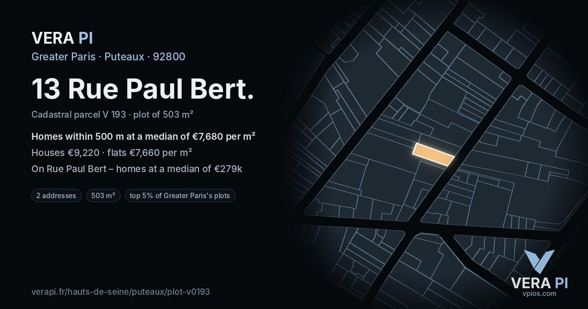 13 Rue Paul Bert, Puteaux at night – the plot lit, the parcels around coloured by the prices near them