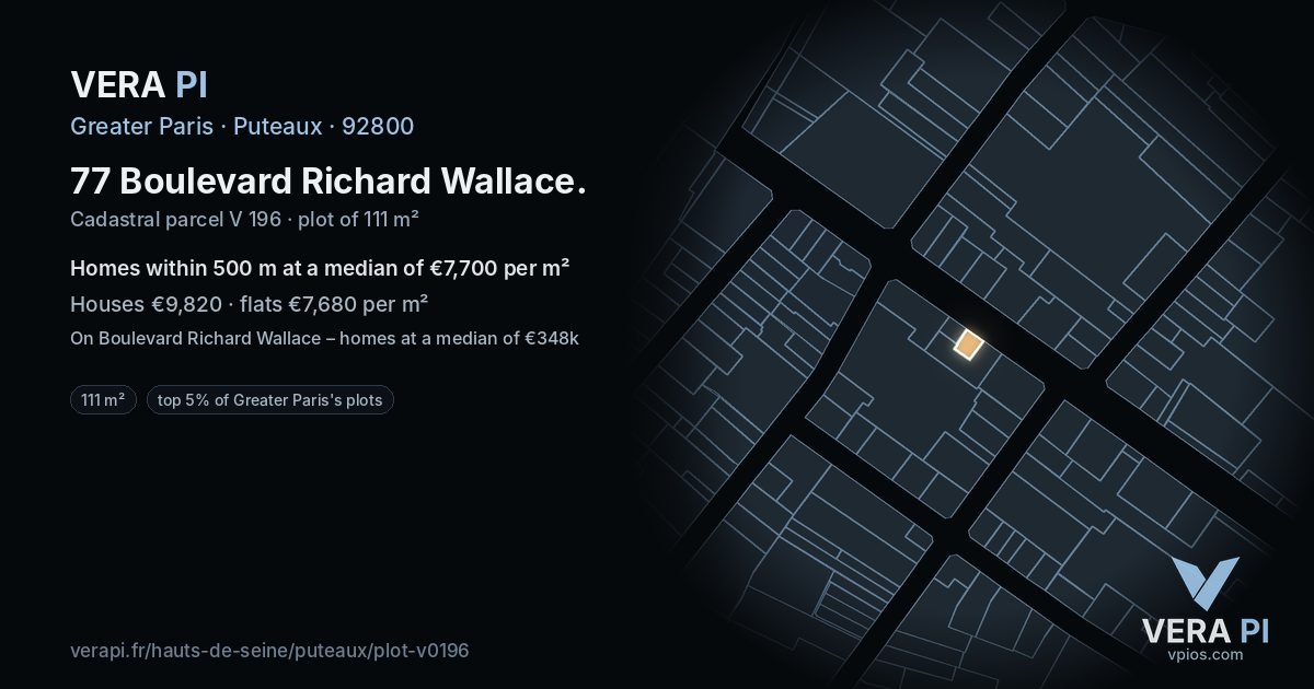 77 Boulevard Richard Wallace, Puteaux at night – the plot lit, the parcels around coloured by the prices near them