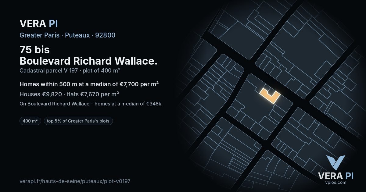 75 bis Boulevard Richard Wallace, Puteaux at night – the plot lit, the parcels around coloured by the prices near them