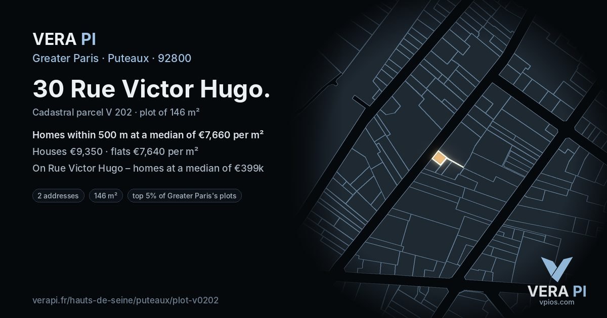30 Rue Victor Hugo, Puteaux at night – the plot lit, the parcels around coloured by the prices near them