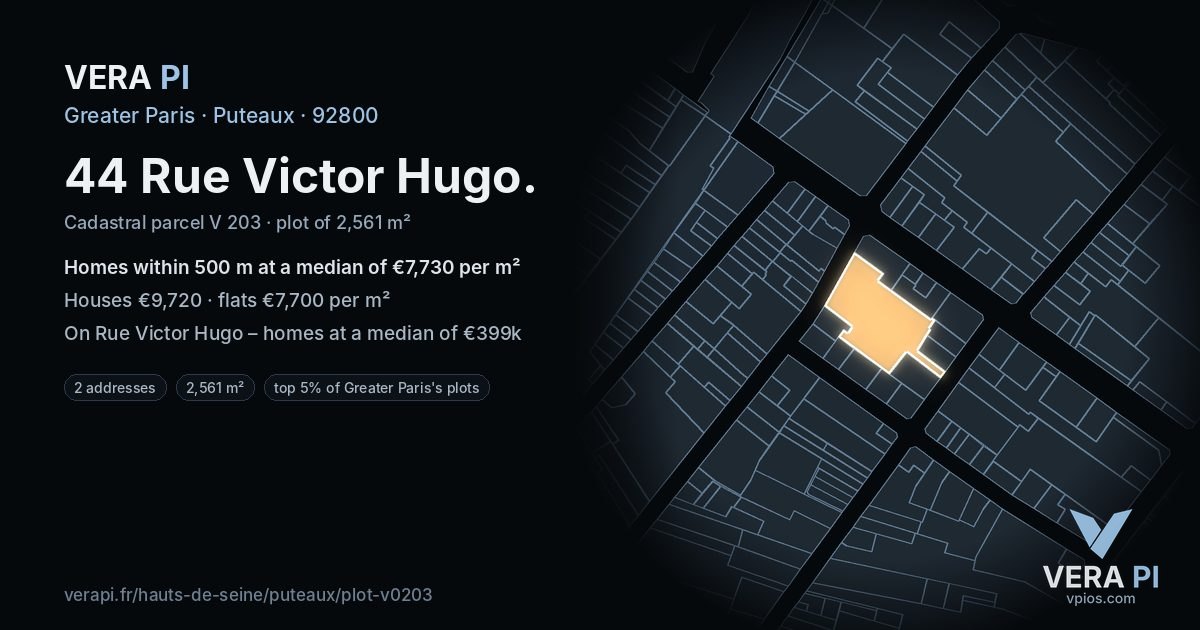 44 Rue Victor Hugo, Puteaux at night – the plot lit, the parcels around coloured by the prices near them