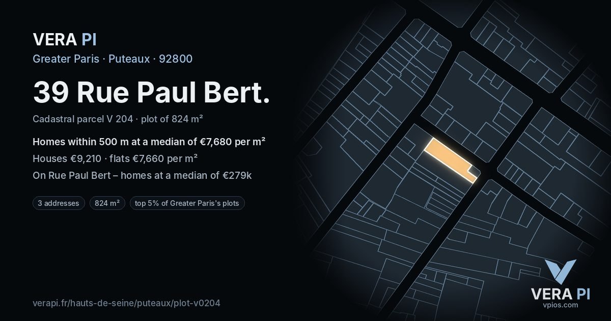 39 Rue Paul Bert, Puteaux at night – the plot lit, the parcels around coloured by the prices near them