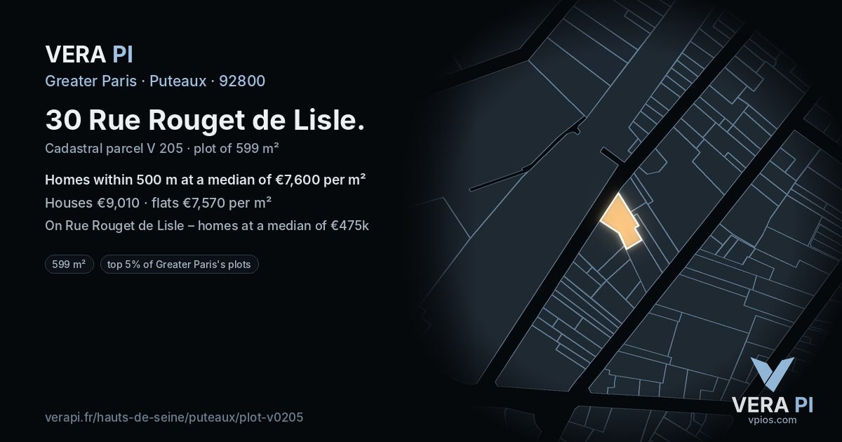 30 Rue Rouget de Lisle, Puteaux at night – the plot lit, the parcels around coloured by the prices near them