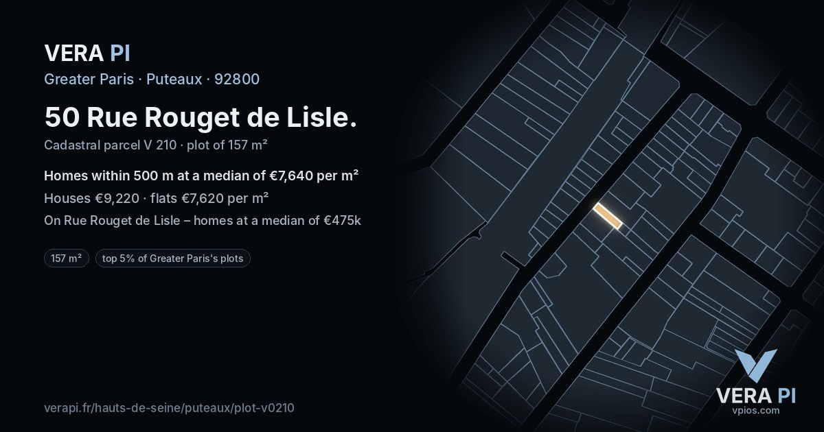 50 Rue Rouget de Lisle, Puteaux at night – the plot lit, the parcels around coloured by the prices near them
