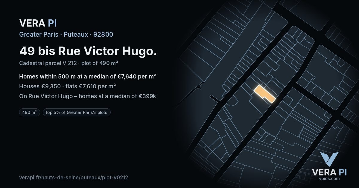 49 bis Rue Victor Hugo, Puteaux at night – the plot lit, the parcels around coloured by the prices near them