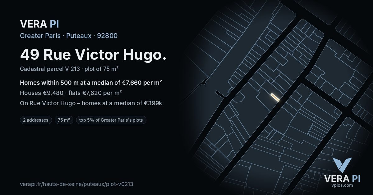 49 Rue Victor Hugo, Puteaux at night – the plot lit, the parcels around coloured by the prices near them