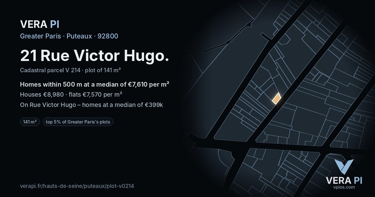 21 Rue Victor Hugo, Puteaux at night – the plot lit, the parcels around coloured by the prices near them