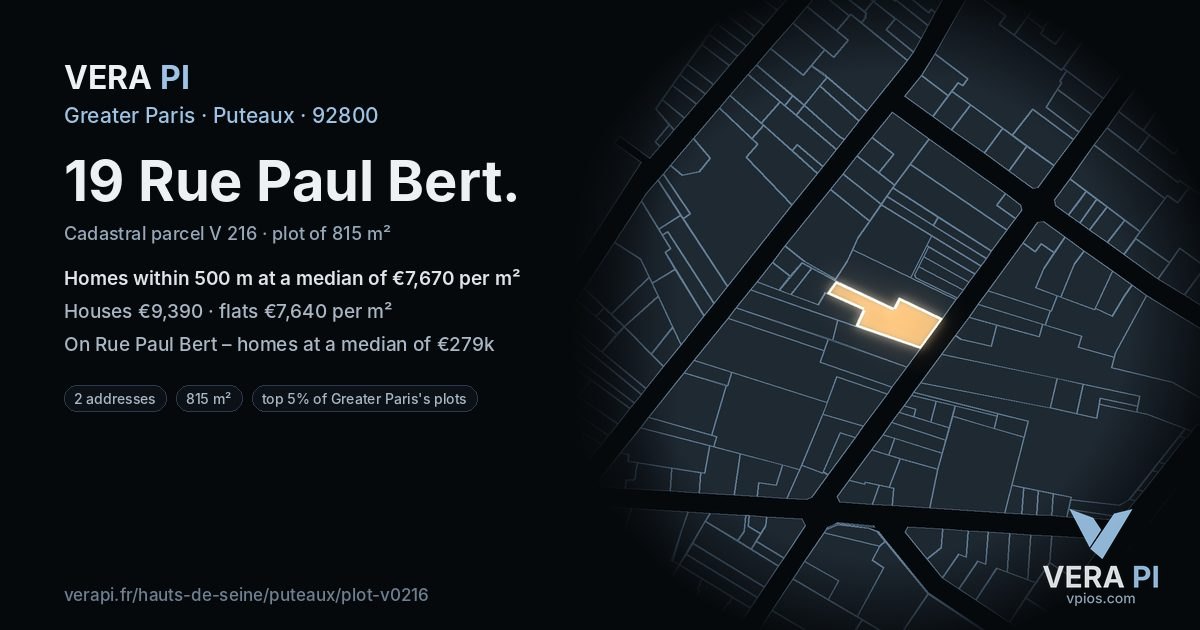 19 Rue Paul Bert, Puteaux at night – the plot lit, the parcels around coloured by the prices near them