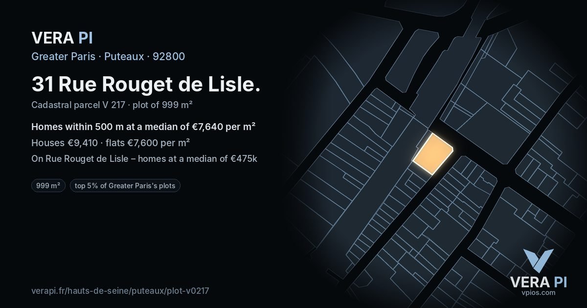 31 Rue Rouget de Lisle, Puteaux at night – the plot lit, the parcels around coloured by the prices near them