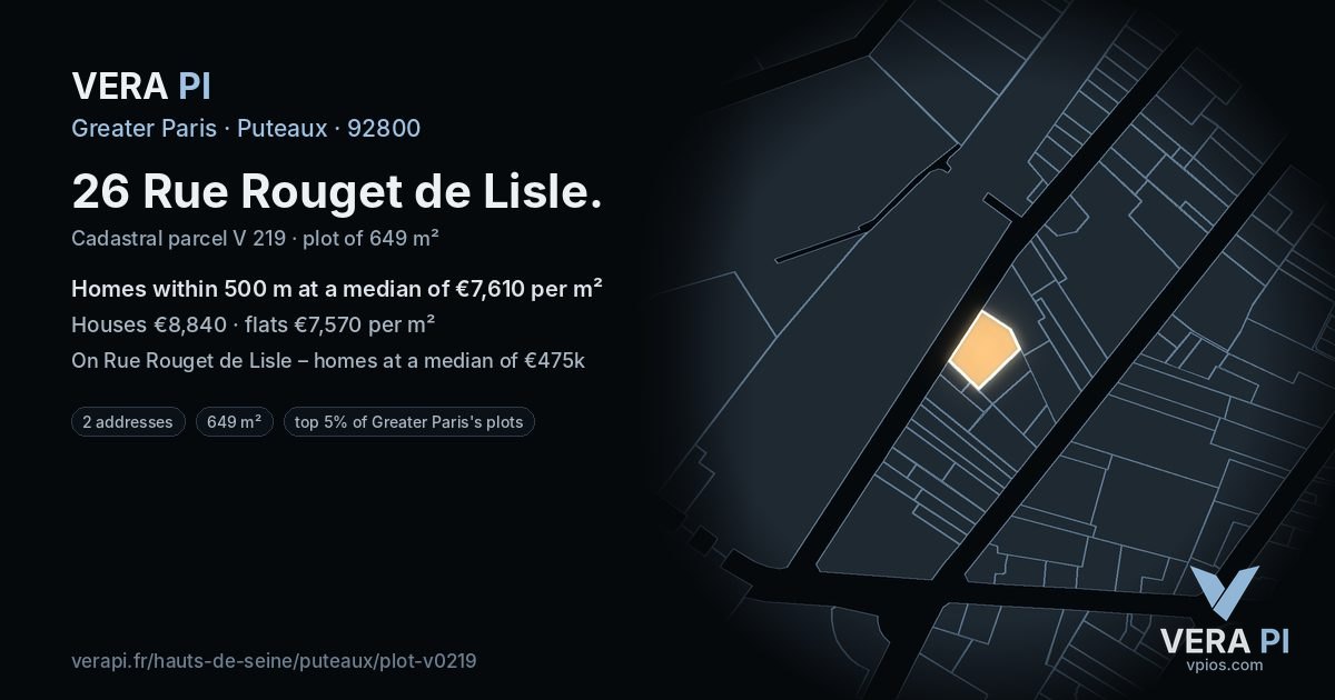 26 Rue Rouget de Lisle, Puteaux at night – the plot lit, the parcels around coloured by the prices near them