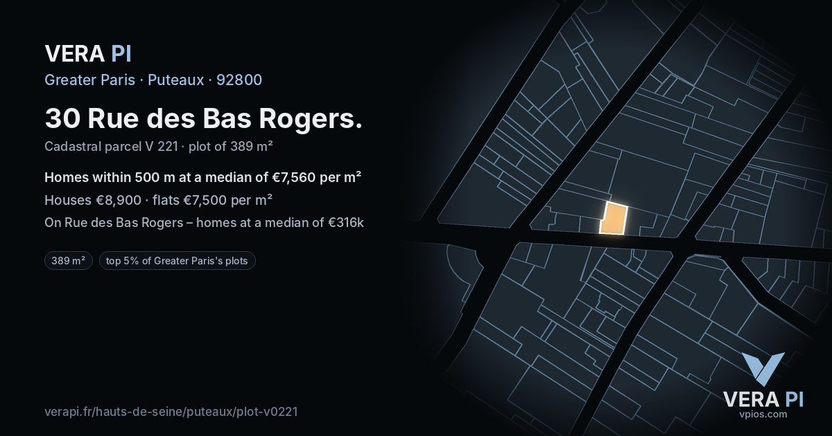 30 Rue des Bas Rogers, Puteaux at night – the plot lit, the parcels around coloured by the prices near them