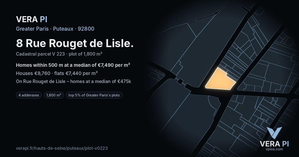 8 Rue Rouget de Lisle, Puteaux at night – the plot lit, the parcels around coloured by the prices near them