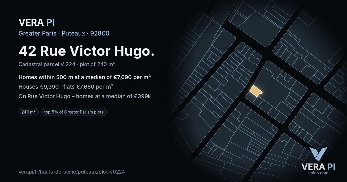 42 Rue Victor Hugo, Puteaux at night – the plot lit, the parcels around coloured by the prices near them