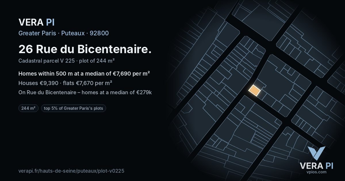 26 Rue du Bicentenaire, Puteaux at night – the plot lit, the parcels around coloured by the prices near them