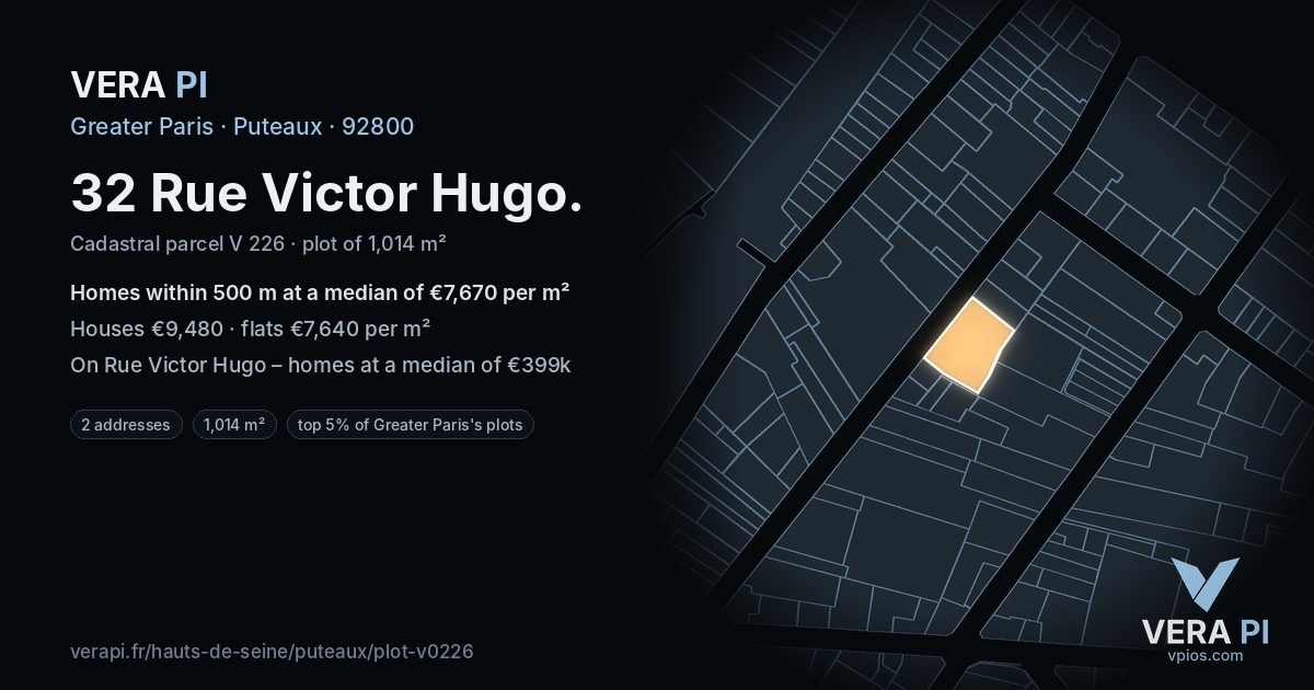 32 Rue Victor Hugo, Puteaux at night – the plot lit, the parcels around coloured by the prices near them