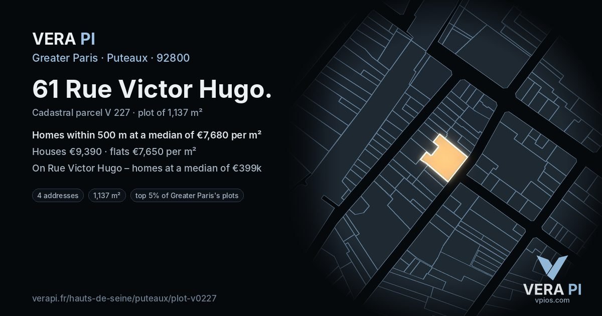 61 Rue Victor Hugo, Puteaux at night – the plot lit, the parcels around coloured by the prices near them