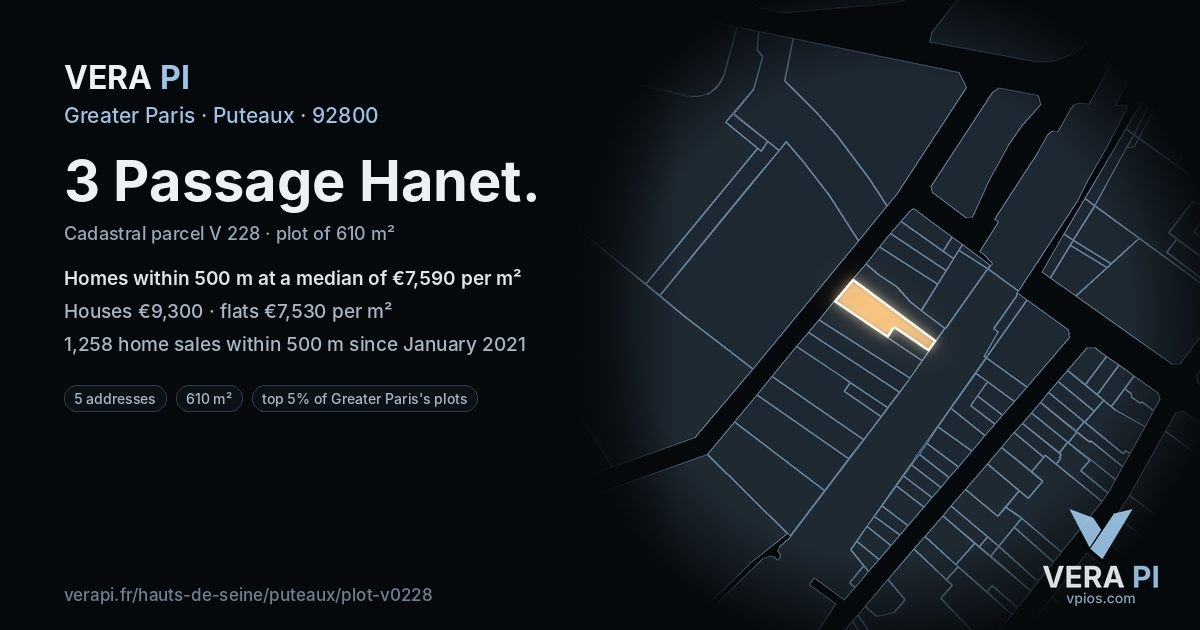 3 Passage Hanet, Puteaux at night – the plot lit, the parcels around coloured by the prices near them
