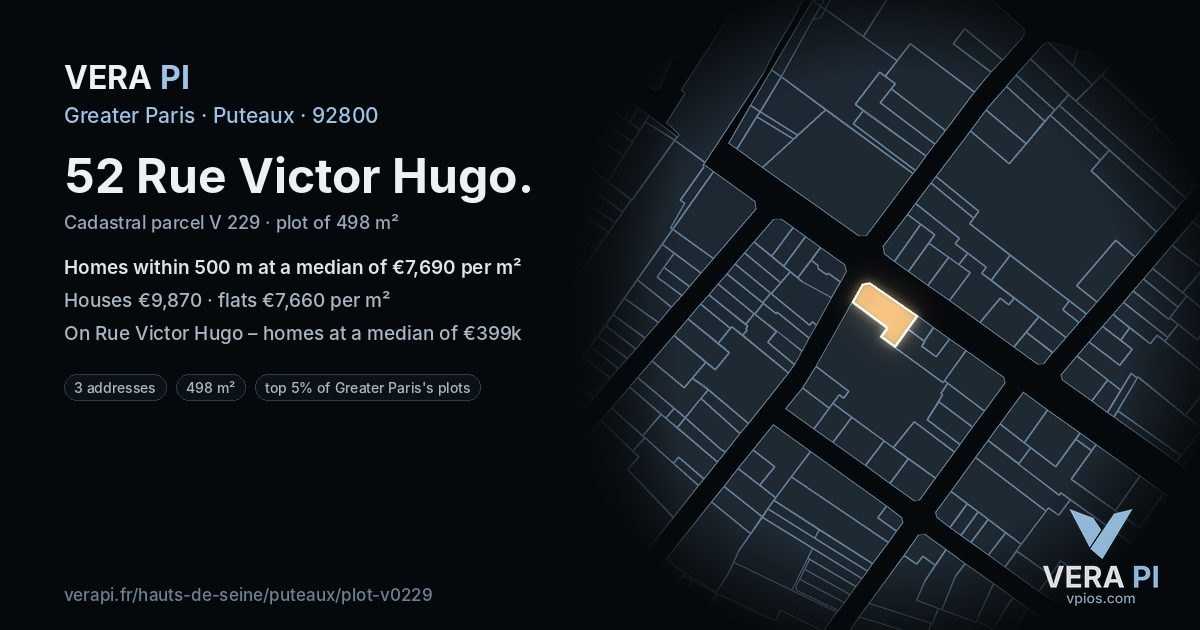 52 Rue Victor Hugo, Puteaux at night – the plot lit, the parcels around coloured by the prices near them