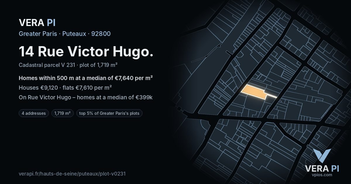 14 Rue Victor Hugo, Puteaux at night – the plot lit, the parcels around coloured by the prices near them
