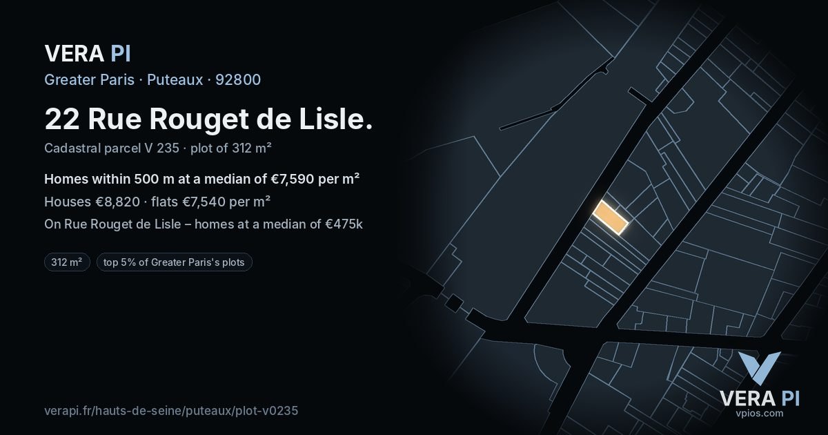 22 Rue Rouget de Lisle, Puteaux at night – the plot lit, the parcels around coloured by the prices near them