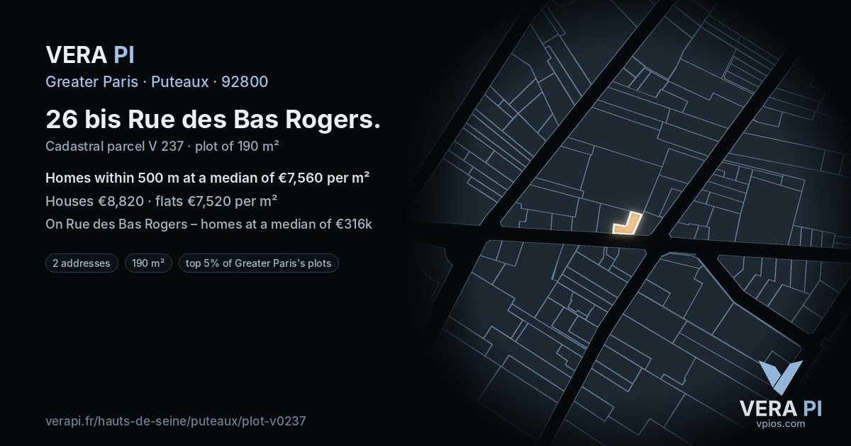 26 bis Rue des Bas Rogers, Puteaux at night – the plot lit, the parcels around coloured by the prices near them
