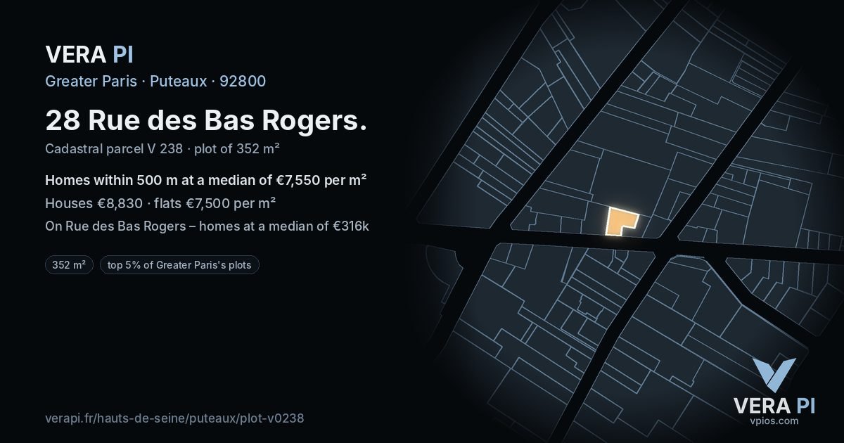 28 Rue des Bas Rogers, Puteaux at night – the plot lit, the parcels around coloured by the prices near them