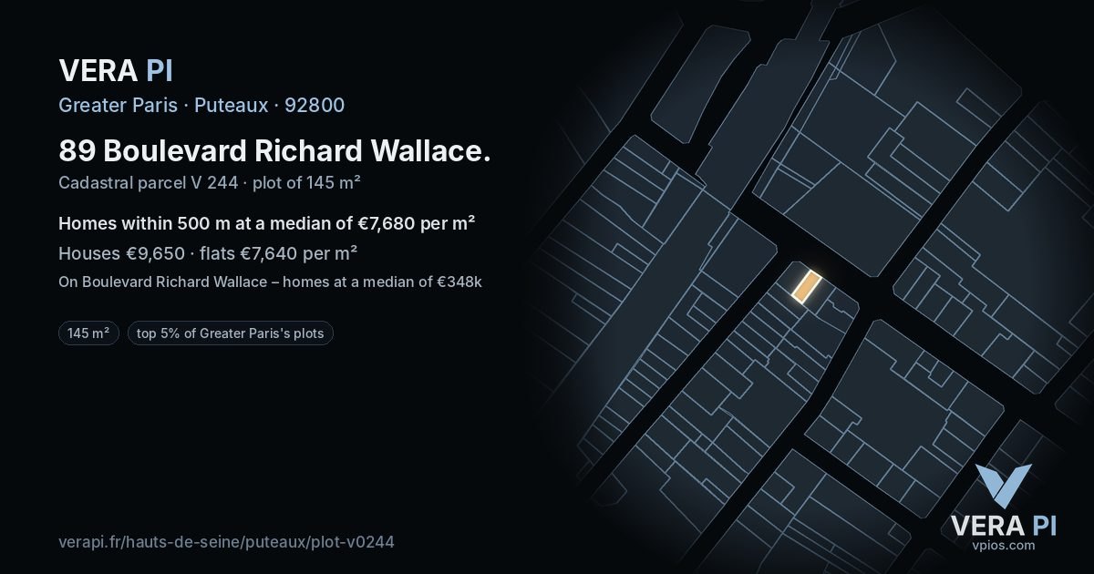 89 Boulevard Richard Wallace, Puteaux at night – the plot lit, the parcels around coloured by the prices near them