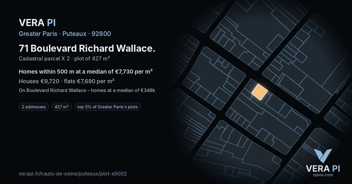 71 Boulevard Richard Wallace, Puteaux at night – the plot lit, the parcels around coloured by the prices near them