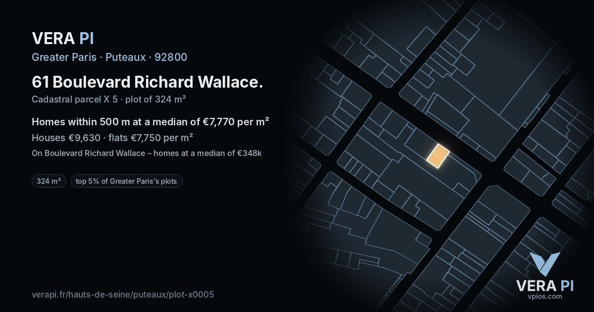 61 Boulevard Richard Wallace, Puteaux at night – the plot lit, the parcels around coloured by the prices near them