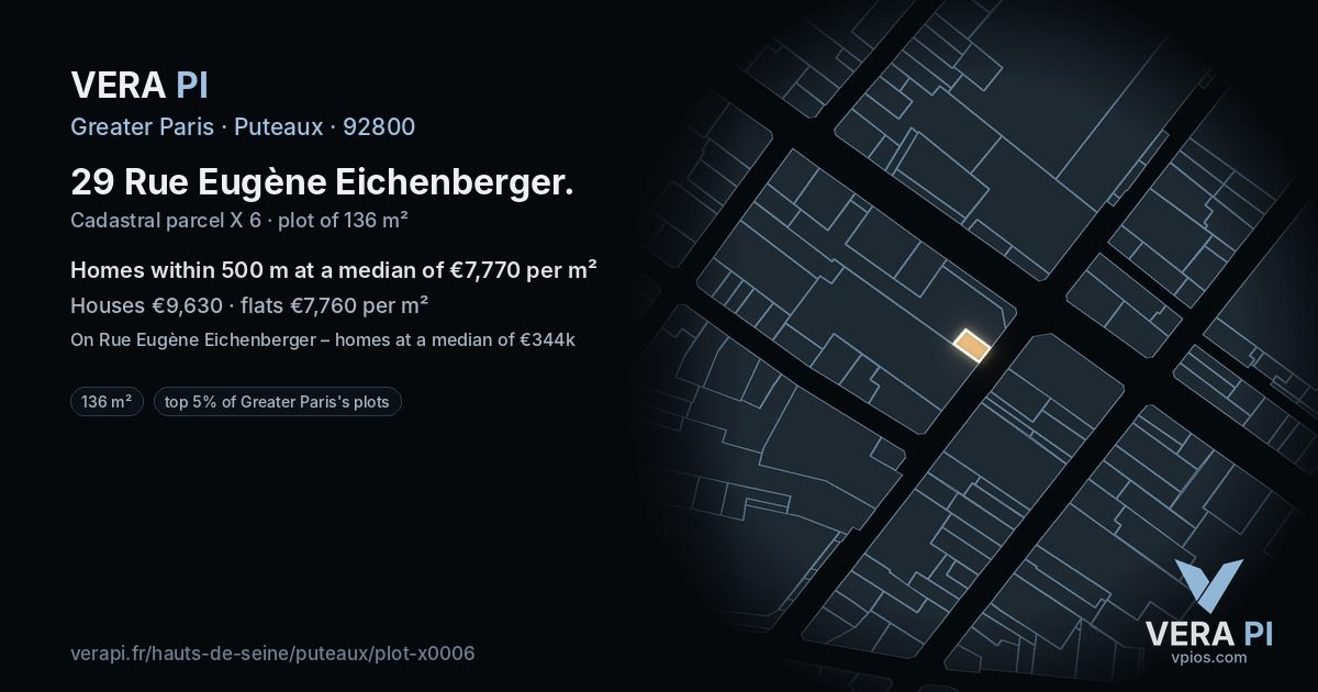29 Rue Eugène Eichenberger, Puteaux at night – the plot lit, the parcels around coloured by the prices near them