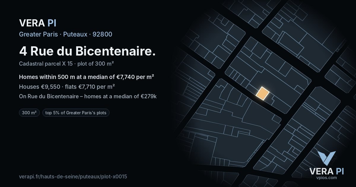 4 Rue du Bicentenaire, Puteaux at night – the plot lit, the parcels around coloured by the prices near them