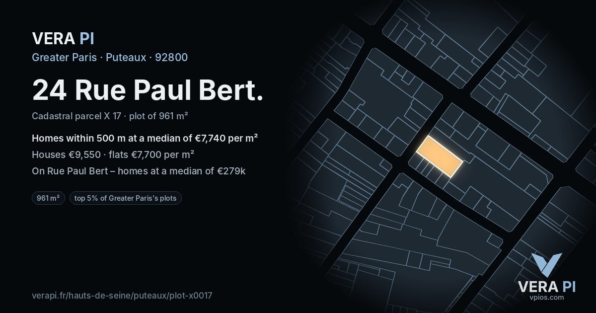 24 Rue Paul Bert, Puteaux at night – the plot lit, the parcels around coloured by the prices near them
