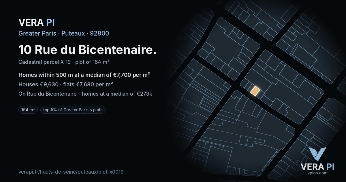 10 Rue du Bicentenaire, Puteaux at night – the plot lit, the parcels around coloured by the prices near them