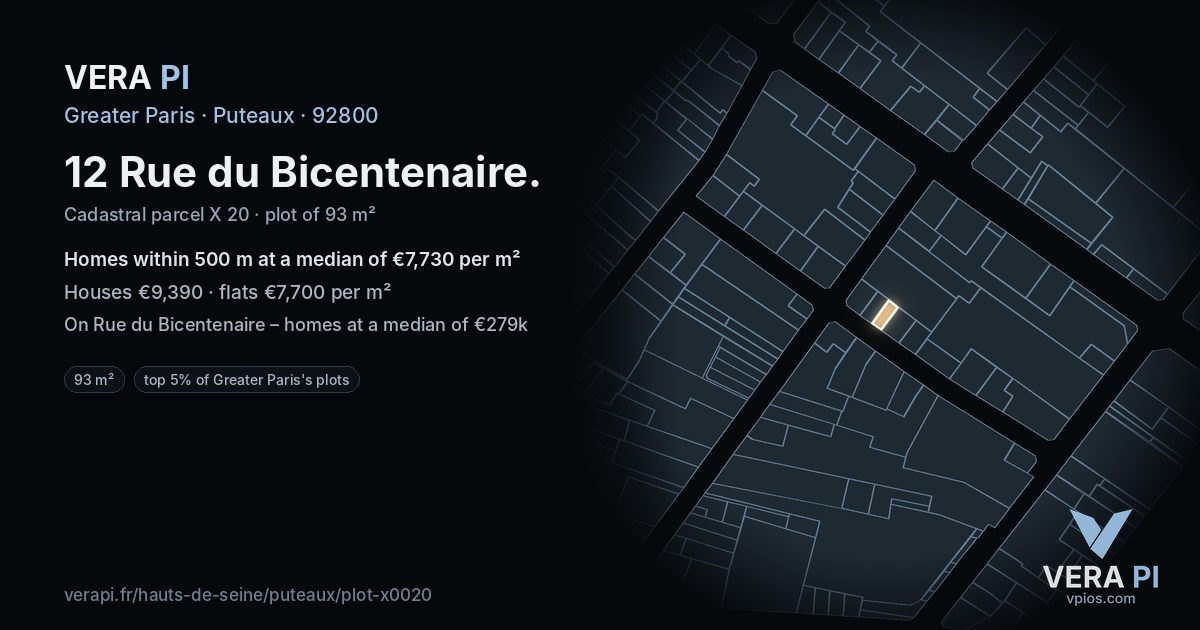 12 Rue du Bicentenaire, Puteaux at night – the plot lit, the parcels around coloured by the prices near them