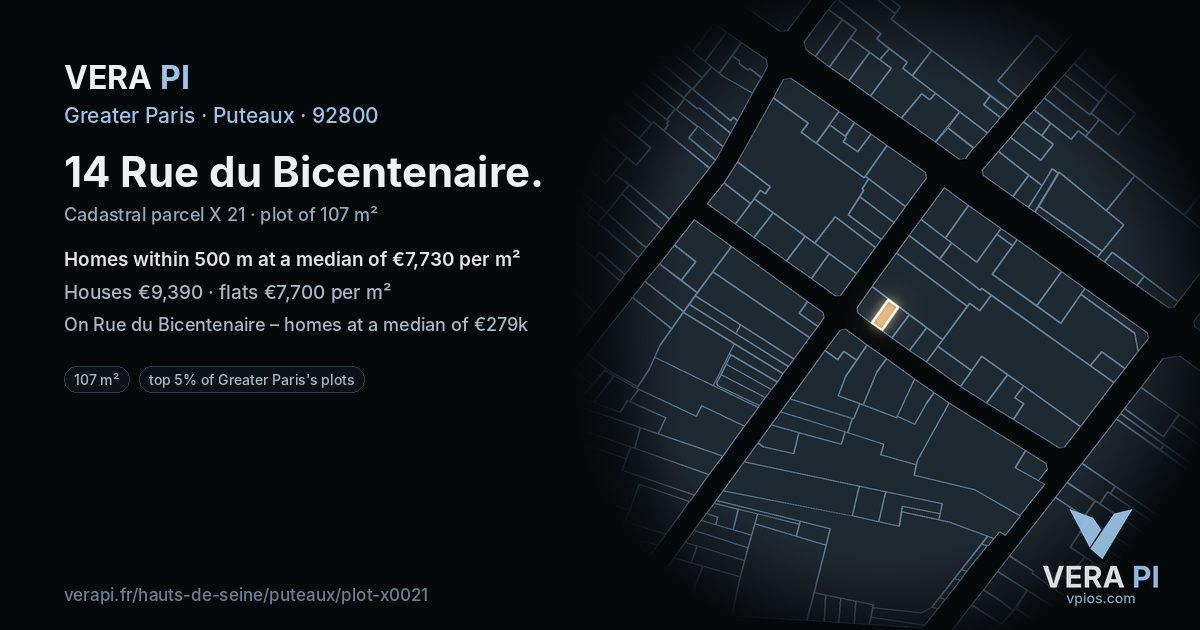 14 Rue du Bicentenaire, Puteaux at night – the plot lit, the parcels around coloured by the prices near them