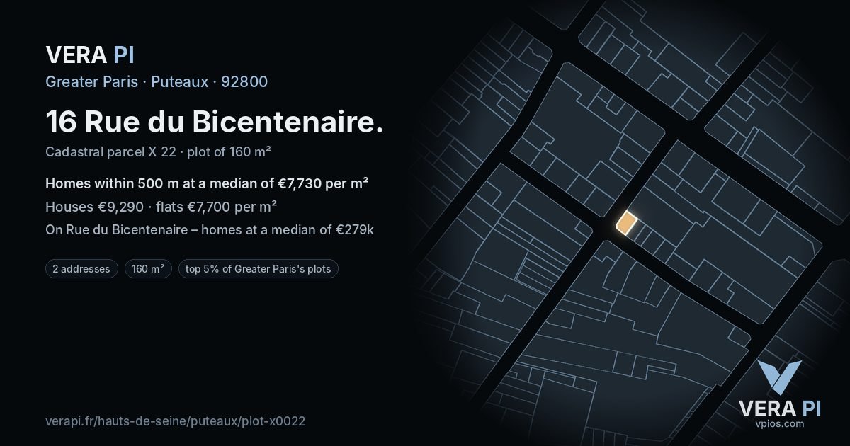 16 Rue du Bicentenaire, Puteaux at night – the plot lit, the parcels around coloured by the prices near them