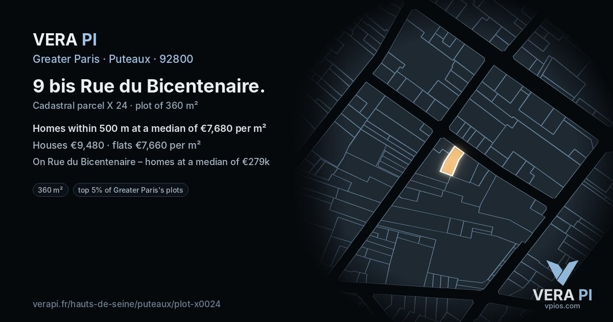 9 bis Rue du Bicentenaire, Puteaux at night – the plot lit, the parcels around coloured by the prices near them