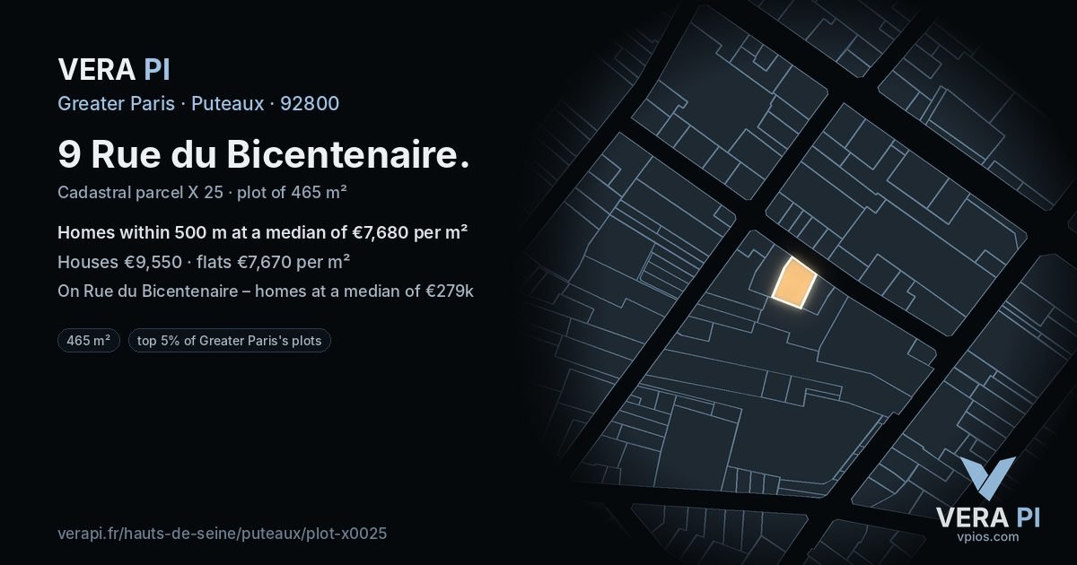 9 Rue du Bicentenaire, Puteaux at night – the plot lit, the parcels around coloured by the prices near them