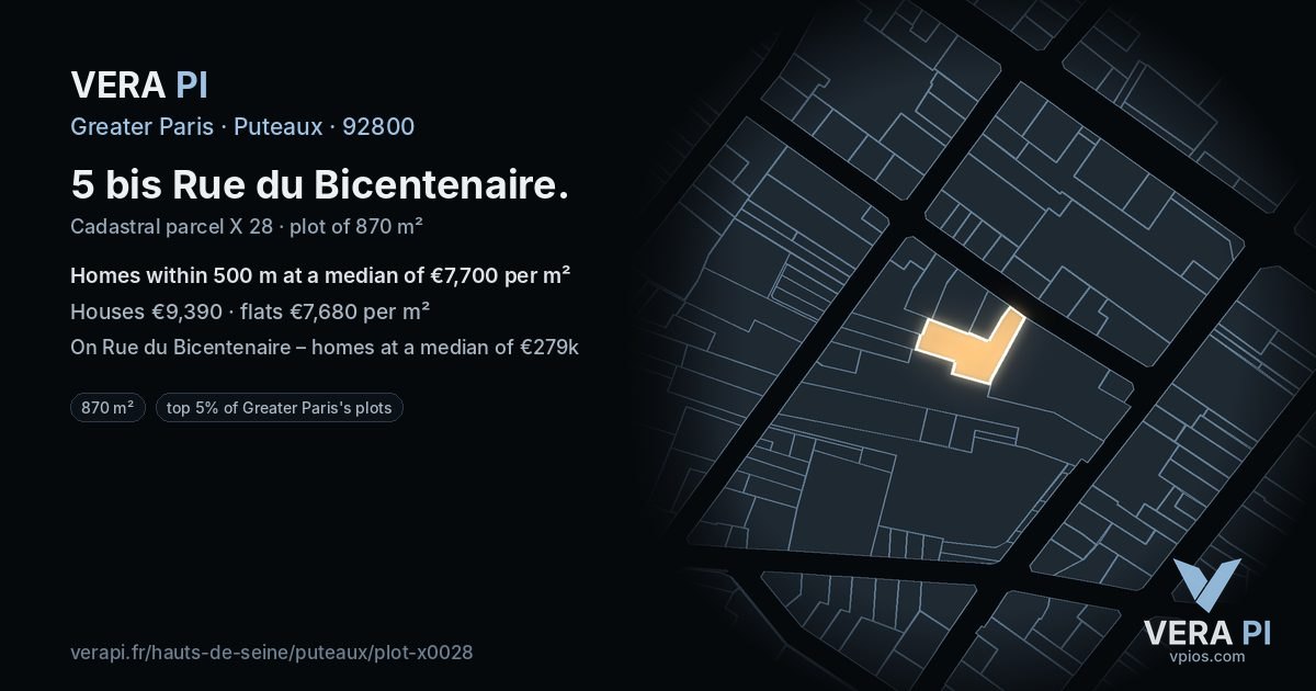 5 bis Rue du Bicentenaire, Puteaux at night – the plot lit, the parcels around coloured by the prices near them