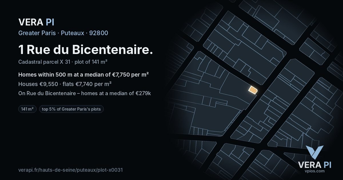 1 Rue du Bicentenaire, Puteaux at night – the plot lit, the parcels around coloured by the prices near them