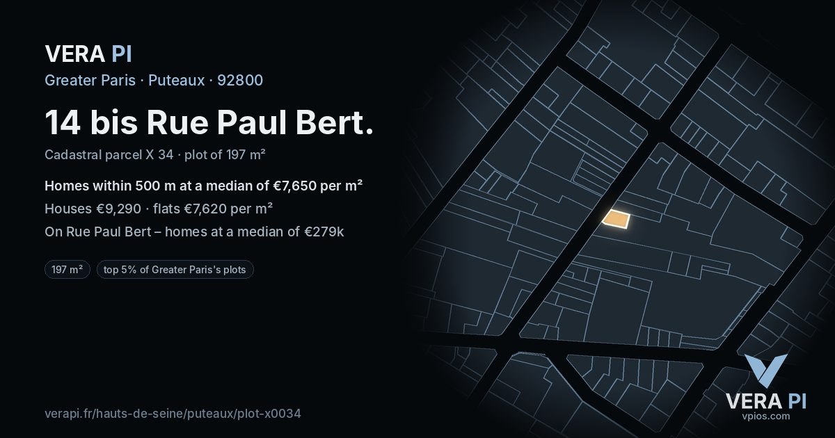 14 bis Rue Paul Bert, Puteaux at night – the plot lit, the parcels around coloured by the prices near them