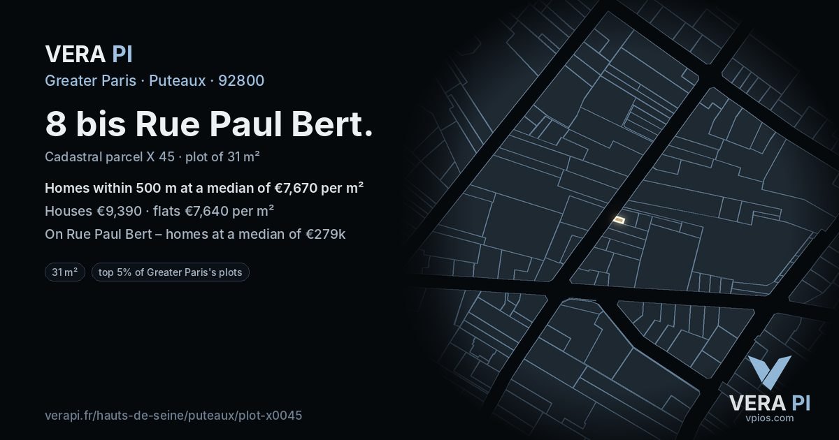 8 bis Rue Paul Bert, Puteaux at night – the plot lit, the parcels around coloured by the prices near them