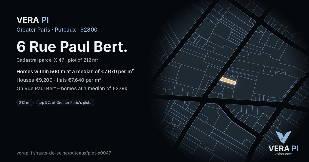 6 Rue Paul Bert, Puteaux at night – the plot lit, the parcels around coloured by the prices near them