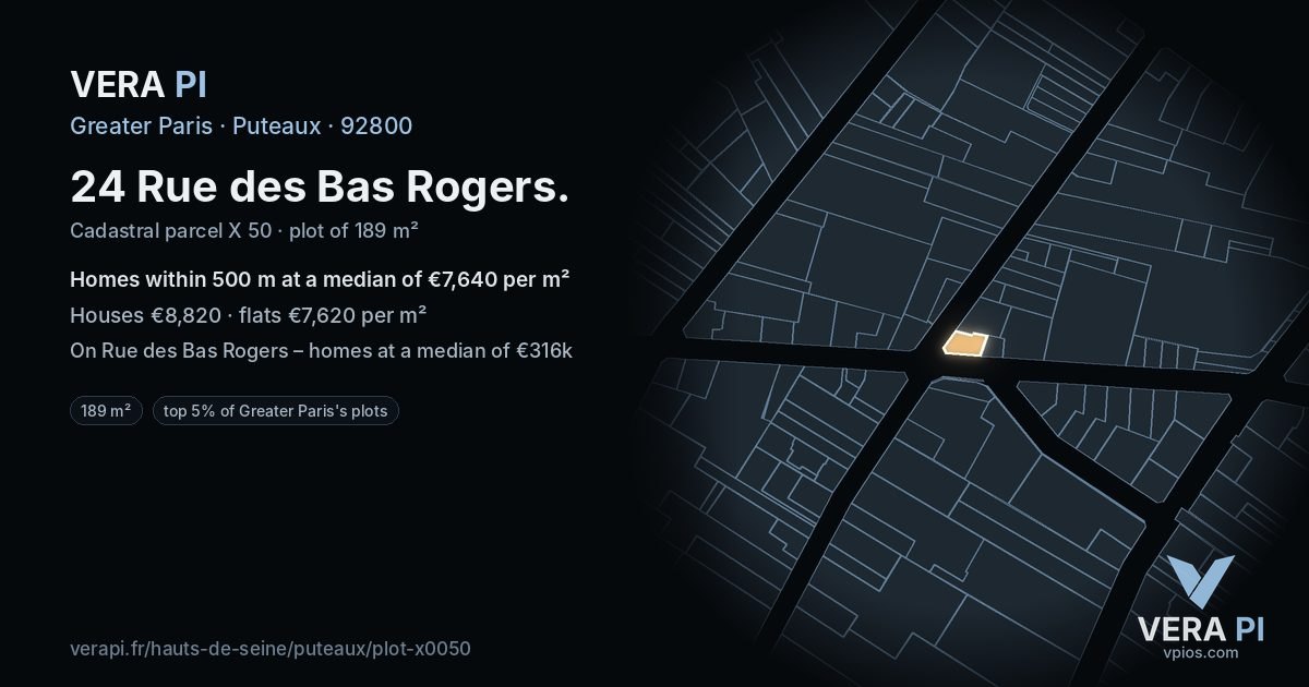 24 Rue des Bas Rogers, Puteaux at night – the plot lit, the parcels around coloured by the prices near them