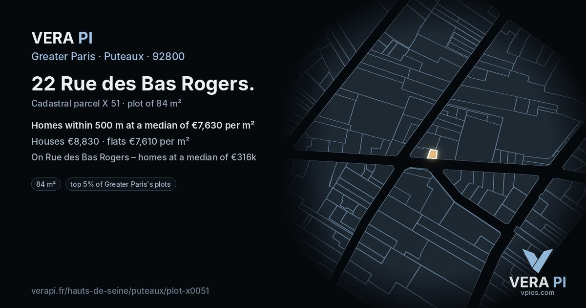 22 Rue des Bas Rogers, Puteaux at night – the plot lit, the parcels around coloured by the prices near them
