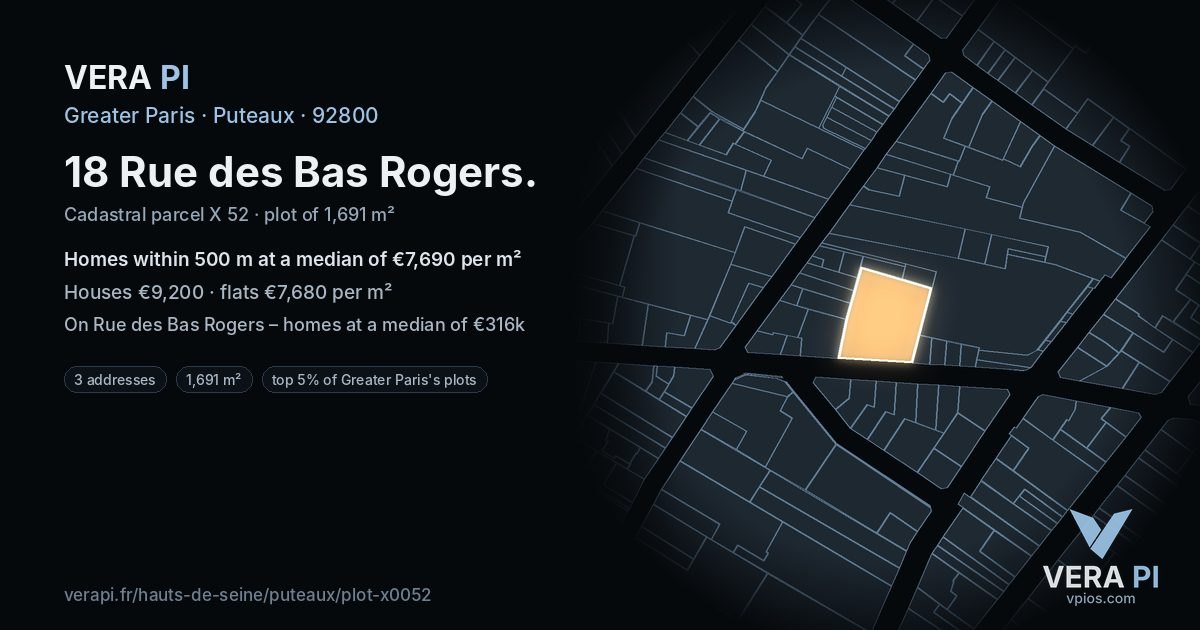18 Rue des Bas Rogers, Puteaux at night – the plot lit, the parcels around coloured by the prices near them