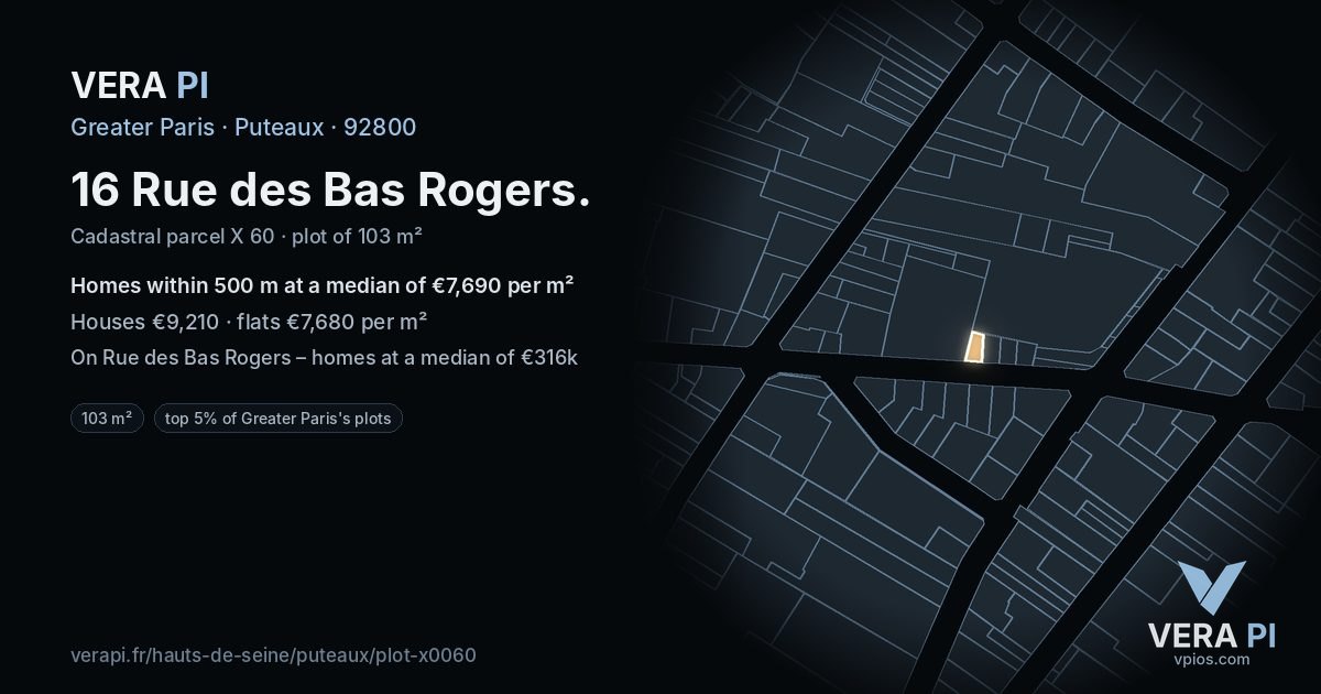 16 Rue des Bas Rogers, Puteaux at night – the plot lit, the parcels around coloured by the prices near them
