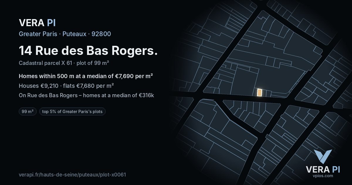 14 Rue des Bas Rogers, Puteaux at night – the plot lit, the parcels around coloured by the prices near them